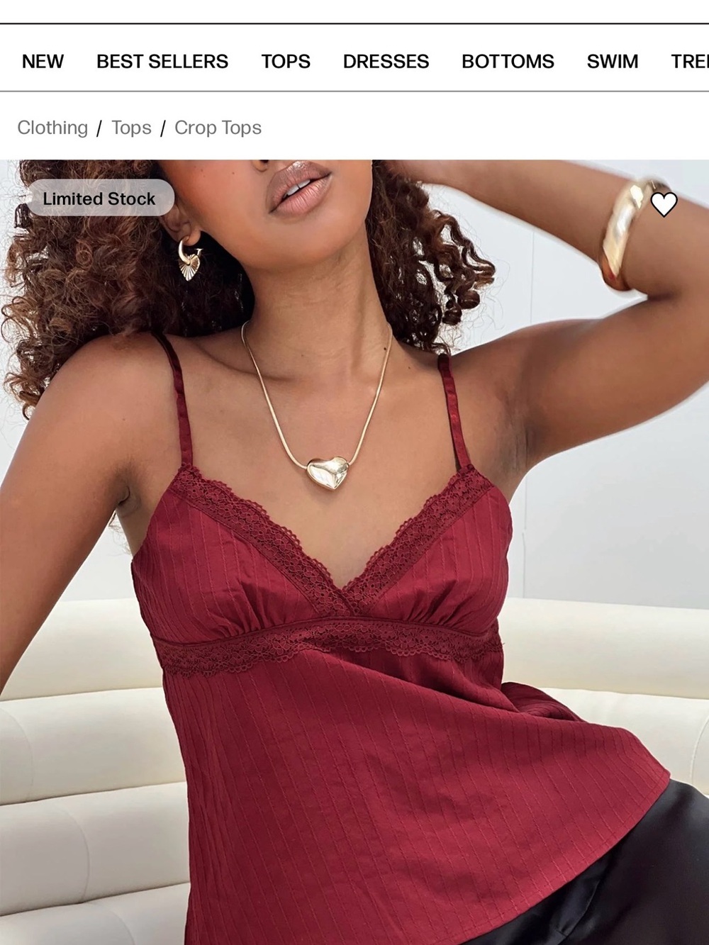 Princess Polly Ribbed Lace-Trim Cami in Burgundy